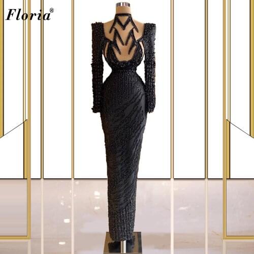 Long Sleeves Black Celebrity Dresses Mermaid Pearls Red Carpet Runaway Dresses Evening Wear Women Party Dress Vestidos Formales