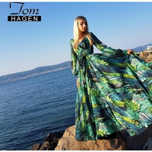 Womens Floral Print Boho Maxi Dress Women Sexy Bohemian Long Dress Summer Women Beach Dresses Female Long Sleeve V Neck Dresses