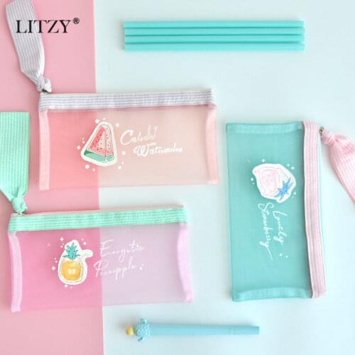 Transparent Mesh Pencil Case School Student Supply Fruit Watermelon Pen Bag Cute Stationery Storage Bag Canvas Zipper Pencilcase