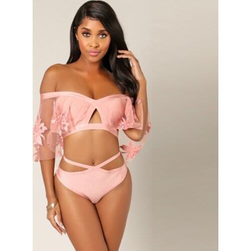Sexy Lace Patchwork Slash Neck Swimsuit Batwing Sleeve Bare Midriff Keyhole Crisscross Bandage Bodysuit