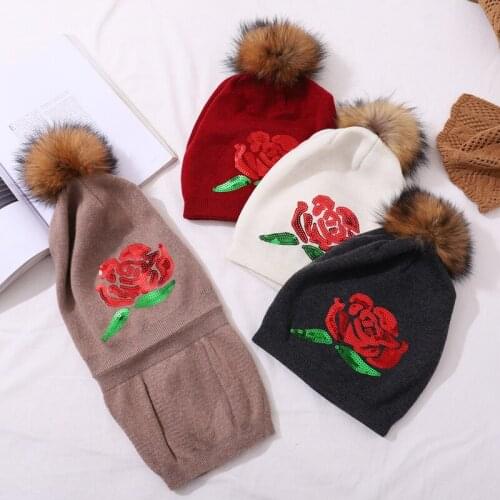 CNTANG Women Wool Hat Round Sequins Rose flower Beanies Double layer Lining Winter Warm Knitted Cap Raccoon Fur Pompom Hats