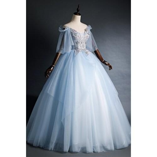 100%real light blue embroidery vintage ball gown royal Medieval Renaissance Victorian dress Belle ball