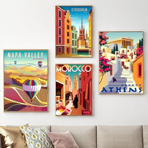 Vintage World City Tour Travel Scenery Wall Art Napa Valley Greece Europe Canvas Painting Colorful Poster and Print Home Decor