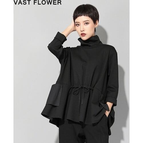 Women Black Drawstring Turtleneck Long Sleeve T-Shirt Pocket Fashion Loose Casual Tee Shirt Tops Clothes Spring Autumn 2021