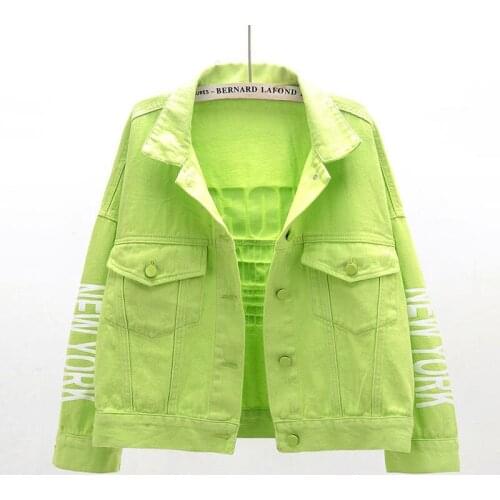 2021 Short Denim Jacket Women Spring Autumn Cotton Student Jeans Outwear Letter print Loose Casual Top Grass-green Orange