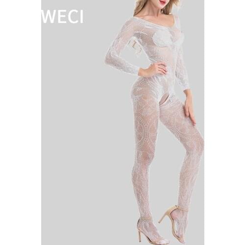 WECI Female Sexy Body Suits Erotic Lace Woman Long Sleeve Fetish Lingerie Bottom White Nighty For Women Sex Outfit See Through