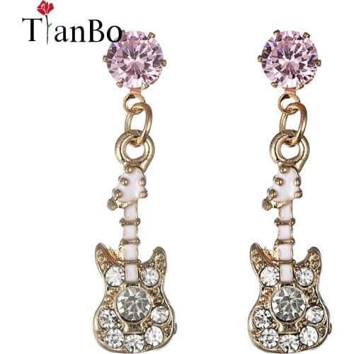 TianBo Fashion Cute Bijoux Gold-Color Earrings Guitar Flower Pattern With Rhinestone Stud Earrings for Women Jewelry