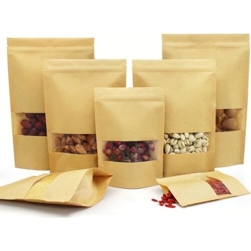 100pcs/lot Stand up Kraft ziplock bag Window Bag Snack Tea Packaging Bag Kraft ziplock bag Ziplock Storage Bags