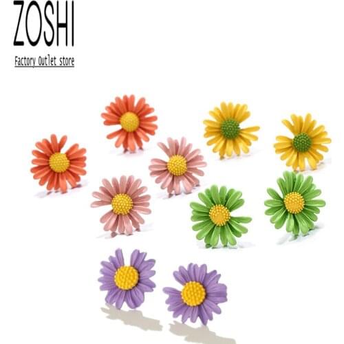 5 Color Purple Daisy Flower Stud Earrings For Women Summer Fresh Floral Earrings Wholesale Jewelry Femme Brincos Korean Style