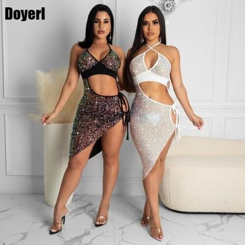 Sparkly Sexy Sequin Bodycon Dress Women Summer Backless Halter Glitter Birthday Evening Club Party Dresses for Women Elegant