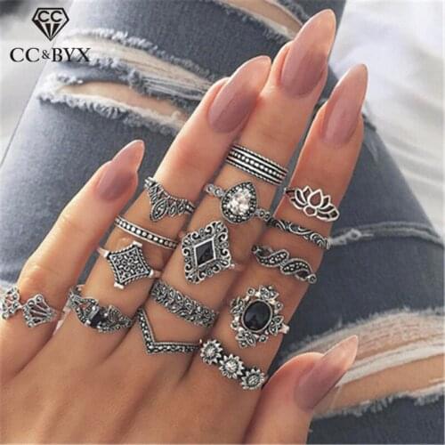 CC Rings Women 15pcs Joint Ring Set Vintage Bohemian Rhinestone Flower Shape Hollow Design Charm Wedding Jewelry Gifts YH702