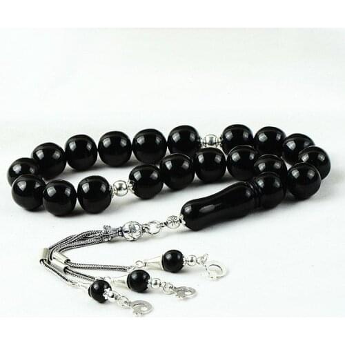 Natural Jet Stone Prayer Bead With Silver Tassel Men Rosary Islamic Tasbih With Crescent Star Tassel 925 Sterling Silver