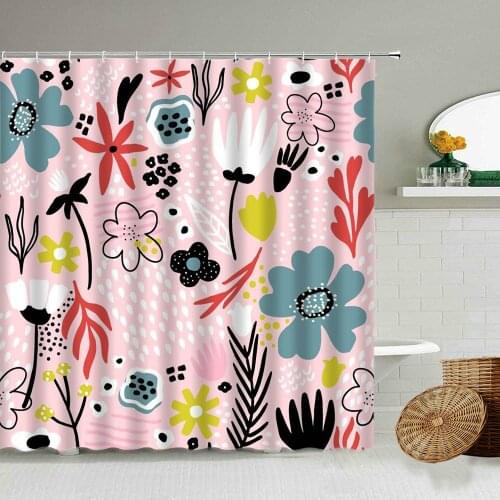 Floral Shower Curtain Hand Painted Flower Plant Leaf Colorful Pastoral Design Bathroom Wall Decor With Hook Waterproof Screen