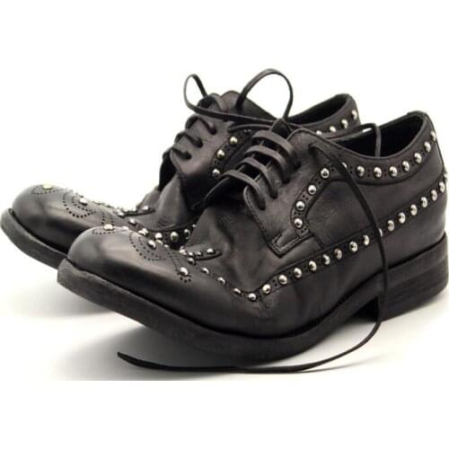 High top formal business shoes for men handmade 100% genuine leather lace up black rivet derby men shoes Washed leather shoes