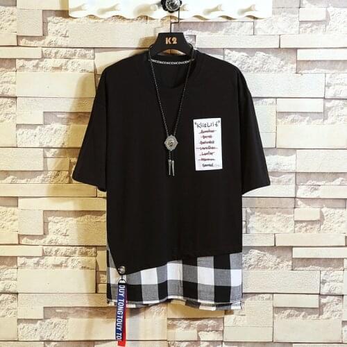 Prowow Patchwork O-Neck Mens T-shirt Leisure Short Sleeve Tee Shirt Male 2021 Summer Korean Version New Fake Two Plaid Man Tops