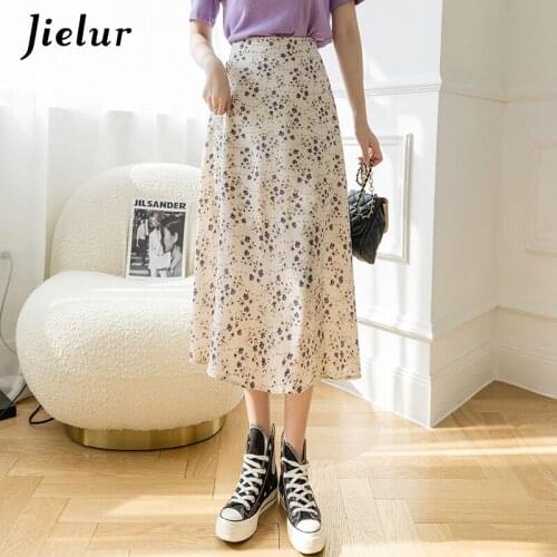 Jielur Small Fresh Floral Chiffon Skirts for Women A-line Loose Women Skirts Black Blue Apricot Casual Skirt Lady Summer 2021