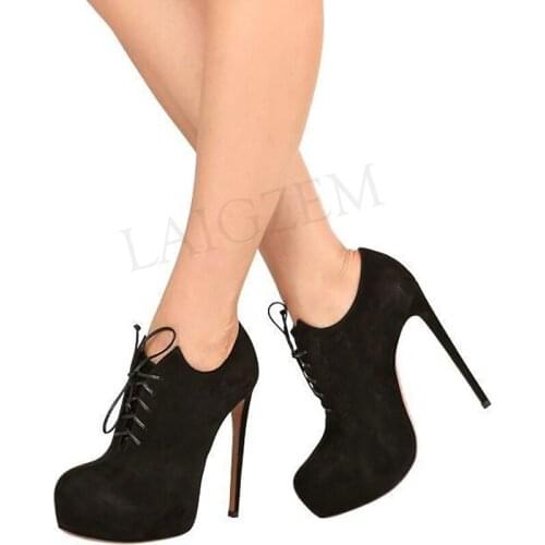 LAIGZEM 2020 Botines Mujer Women Booties Faux Suede Platform High Heel Lace Up Short Boots Shoes Bota Ladies Large Size 34-52