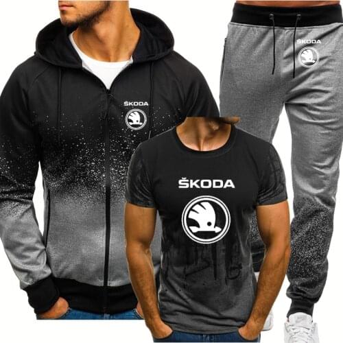 Mens suits Skoda Car Logo Printing Spring Autumn Casual High Quality Gradient Cotton Mens Hoodie+Pants 3-piece set