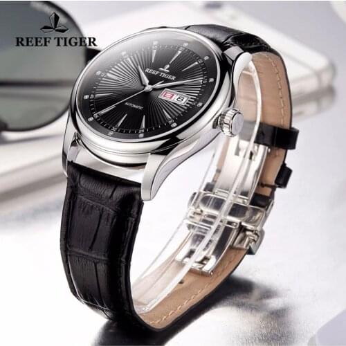 Reef Tiger/RT 2021 Mens Dress Mechanical Watch Date Automatic Clock 316L Steel Calfskin Strap Waterproof Business Watches