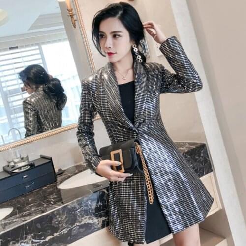 2021 spring and autumn new sequins suit overalls female long section slim slimming fashion small suit dress jacket female W307