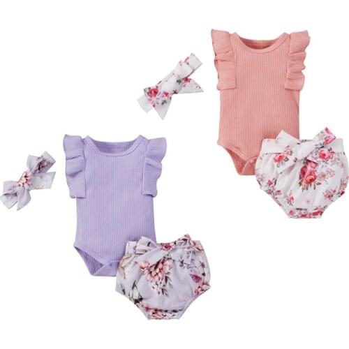 Toddler Baby Flower Printing Three-pieces Set, Infant Girls O-neck Flying Sleeve Ribbed Bodysuit + Briefs + Headband Set
