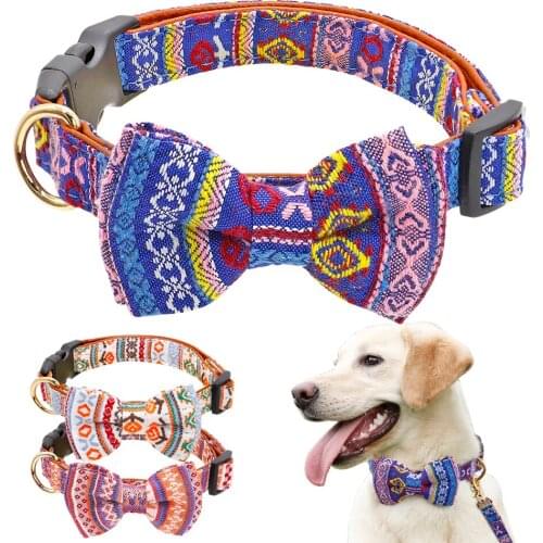 National Style Bow Knot Dog Collar Cute Puppy Collars for Chihuahua Small Dogs Print Bow Tie Pet Collar for Small Medium Dog