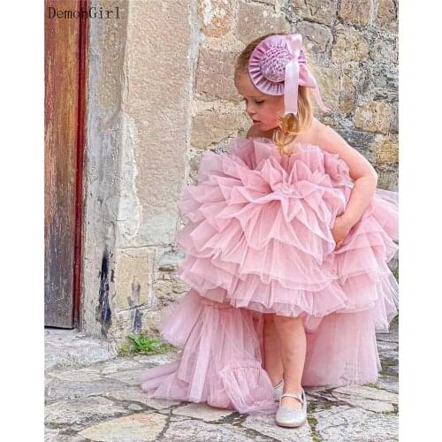 Puffy Pink Tulle High Low Baby Girls Dress Birthday Gown Flower Girl Dress for Wedding Kids Clothes Photoshoot