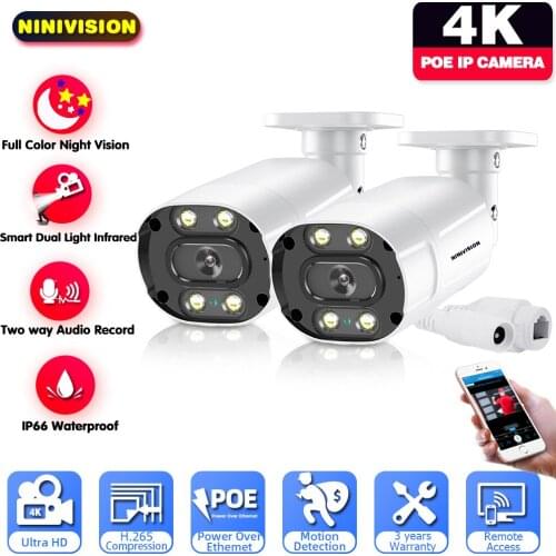 4K 8MP 5MP IP Camera POE Network Camera 25fps Full Time Color & Smart dual Infrared Night Vision Waterproof Two way Audio Record