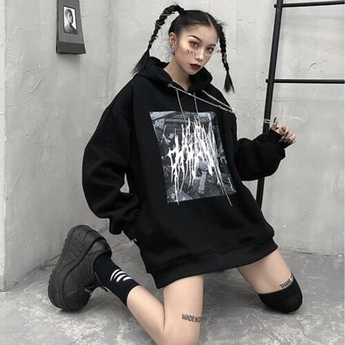 Streetwear Harajuku Gothic Womens Hoodie Korean Oversize Loose Long Sleeve Hooded Sweatshirt Winter New Hip Hop Women Clothing