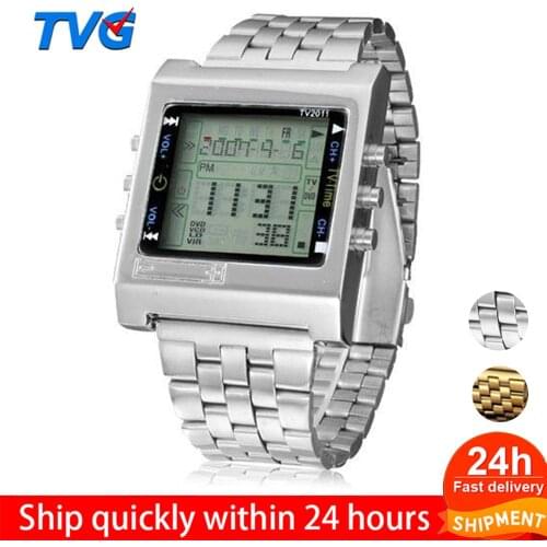 TVG Sport Men watch New Rectangle Remote Control Digital Alarm TV DVD remote Ladies Stainless Steel Wristwatch Fashion casual