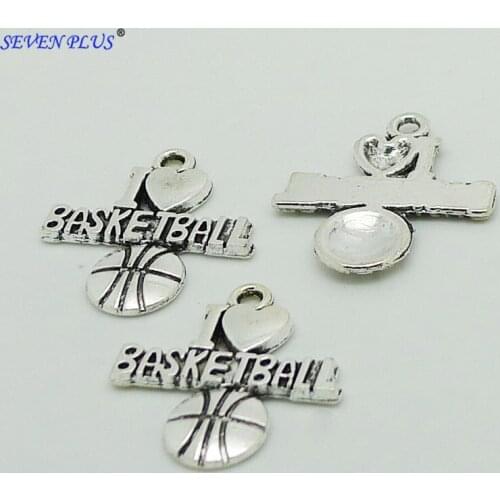 High Quality 20 Pieces/Lot 20mm*22mm Antique Silver Plated Letter I love Basketball Basketball Charm