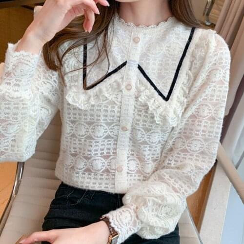 Lace Bottomed Blouse Womens 2021 Autumn and Winter Slim White Long Sleeved French Top Button Female Blouse Blusas Beading 1212
