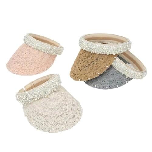 Women Visor Sun Hat Summer Pearl Lace Hollow Outdoor Sports Foldable Visor Empty Cap Fitness Sunscreen Cap Without Top Sun Hat