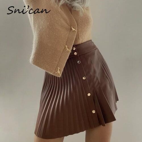 Snican faux leather skirt high waist buttons sexy mini pleated skirt Asymmetrical fashion faldas cortas za 2020 women jupe femme