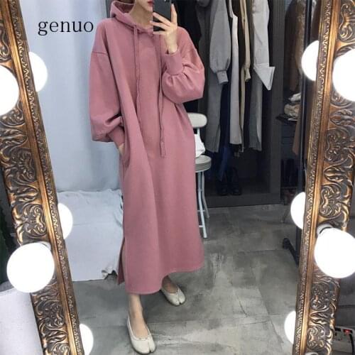 2020 Womens Autumn Winter Long Sleeve Hooded Drawstring Solid Loose Plus Size Cotton Long Hoodies Female Sweatshirt