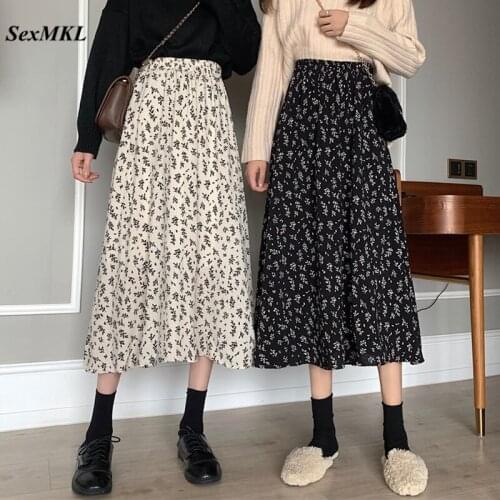 Vintage Floral Printed A-line Pleated Long Skirts 2021 Spring Summer Women Korean Skirt Streetwear High Waist Elastic Midi Skirt