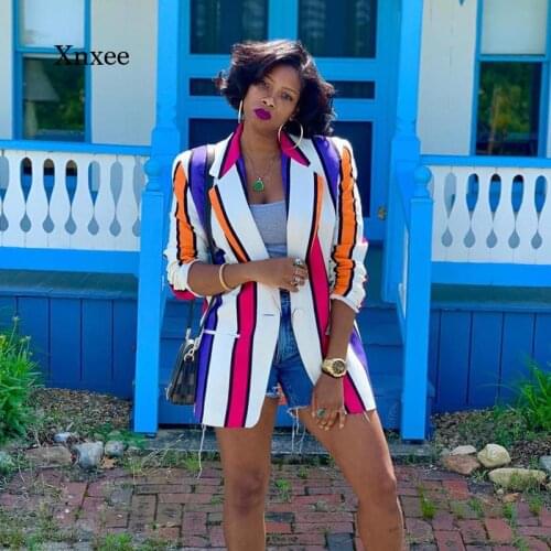 2021 Spring and Autumn New Suit Jacket Large Size Womens Fashion Street Multicolor Striped Streetwear Single Button Suit Suit