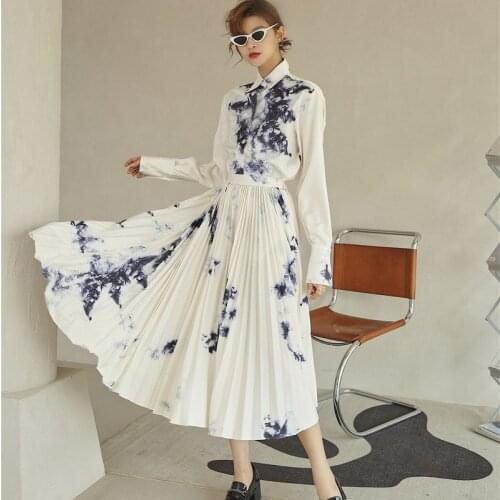 2021 Spring Summer Autumn Girls Fashion Sets Women Casual Elegant Vintage Office Long Sleeve White Print Shirt + Pleated Skirt