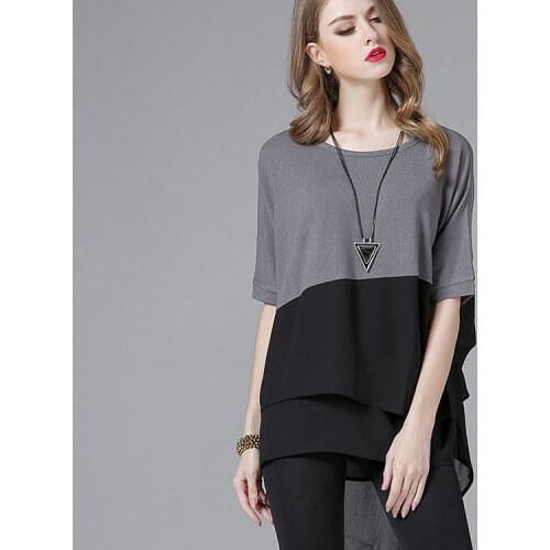 2021 Short Sleeve Splice T-shirt Women Tops Summer Chiffon O-neck Sweet Girls Tee Shirt Lrregular Mid-to-long Shirts for Women