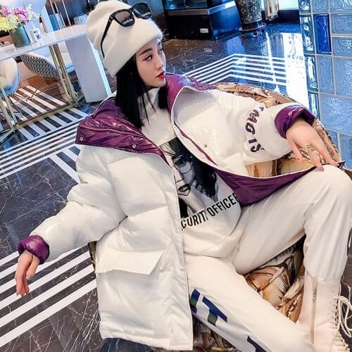 Abrigos Mujer Invierno 2021 Women Hooded Contrast Liner Letter Print Glossy Down Cotton-Padded Jacket Thicken Woman Parkas Coat