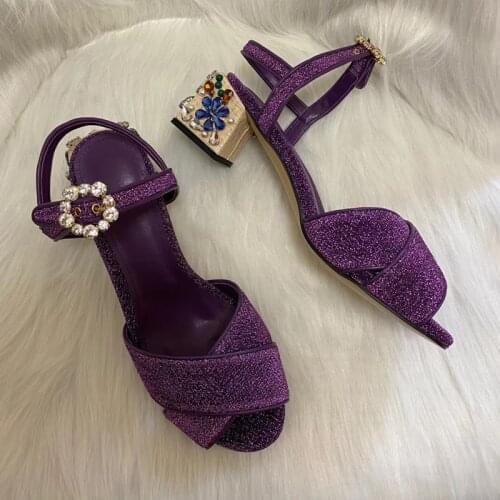 2020 Summer Runways High quality Rhinestone heels sandals Chic Womens chunky heels sandals shoes EU35-42 size BY819