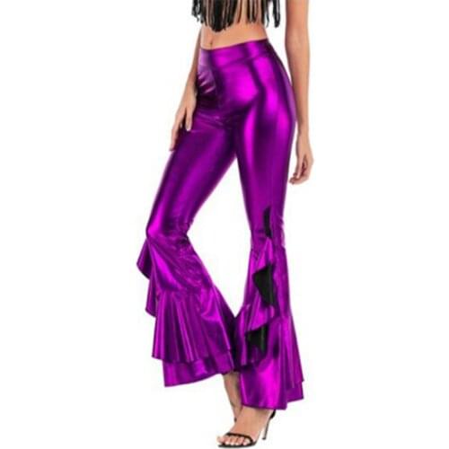 Sexy PU Leather Metallic Pants Shiny Holographic Flare Pants Women Girls Elastic Waist Bell Bottom Trousers Clubwear