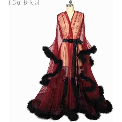 Black Feather Burgundy Bridal Sheer Robe Tulle Illusion Long Wedding Birthday Feather Robe