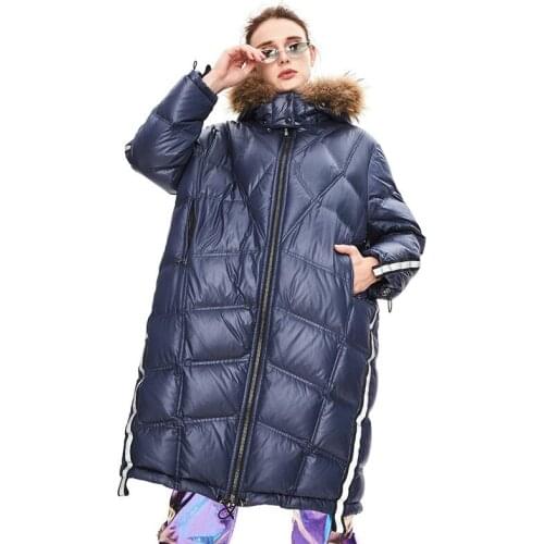 Long Down Jacket Winter Womens New Fashion Jacket Reflective Stripe Hooded Fur Collar Over Knee Silhouette Coat Street Fashion