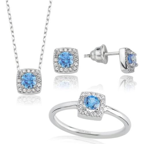 Valori Jewels 1 Carat, Zirconia Fancy Blue And White Round Gemstone, Rhodium Plated, Sterling Silver Trio Set