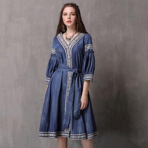 DUISNENA boho dress blue cotton denim women dresses casual robe floral embroidery v-neck ethnic robe vintage big size vestidos