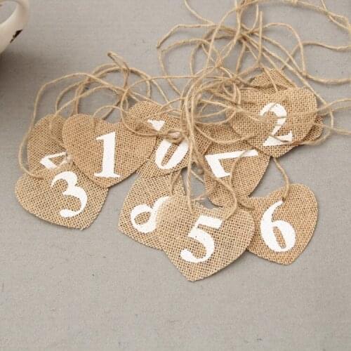 Hot sale 10pcs/Set Jute Rope Flax heart shape Number Hang Tags Linen Bunting For Party Wedding Garland Decoration Product Supply