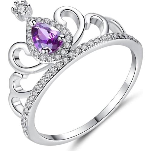 Hainon New Fashion Silver Color Romantic Wedding Rings for Women Crown Cut AAA Purple Zircon Engagement Rings Gifts