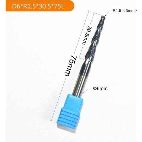 HRC55 solid carbide D6*R1.5*30.5*75L TiALN Coated Taper Ball Nose End Mill,cone milling cutter,Spherical woodworking router bit