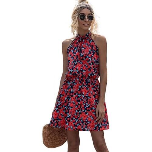 Summer Boho Sleeveless Floral Print Dress Women High Waits Casual Vintage Folds Streetwear Loose Halter Big Swing Beach Dresses